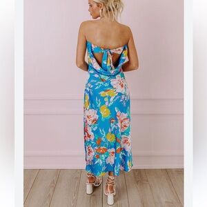 Fab’rik WHIMSY AND WISHES FLORAL MIDI blue strapless dress open back resort wear